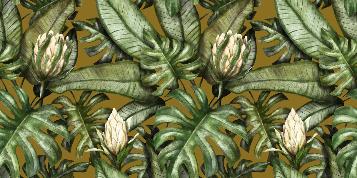 Design file showing detailed Monstera leaves pattern on golden background