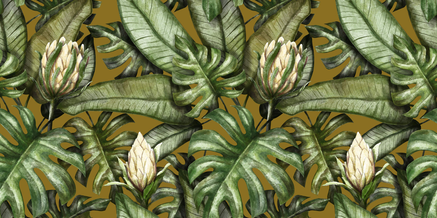 Design file showing detailed Monstera leaves pattern on golden background