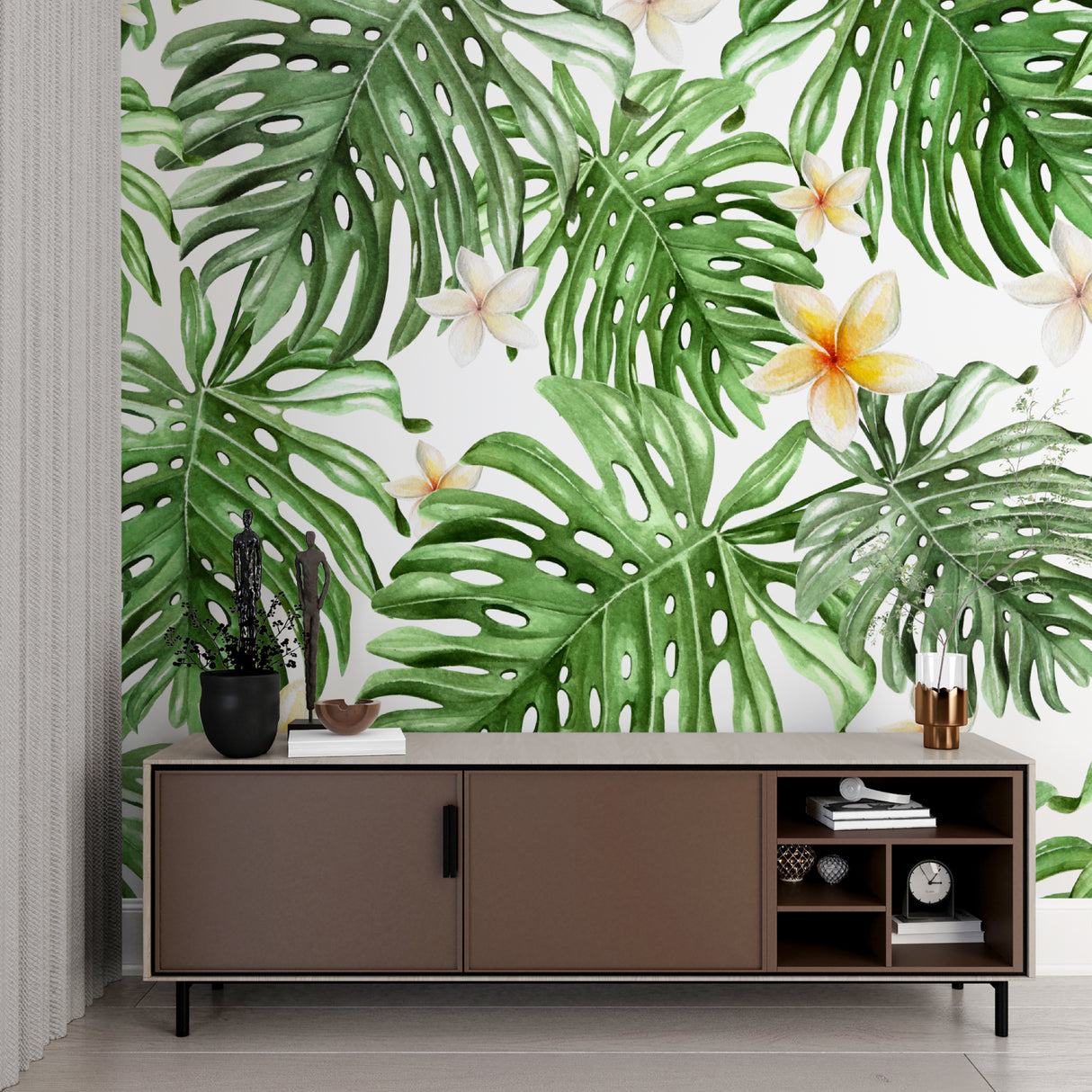 Tropical leaf wallpaper with Monstera and Plumeria flowers in a modern living room setting