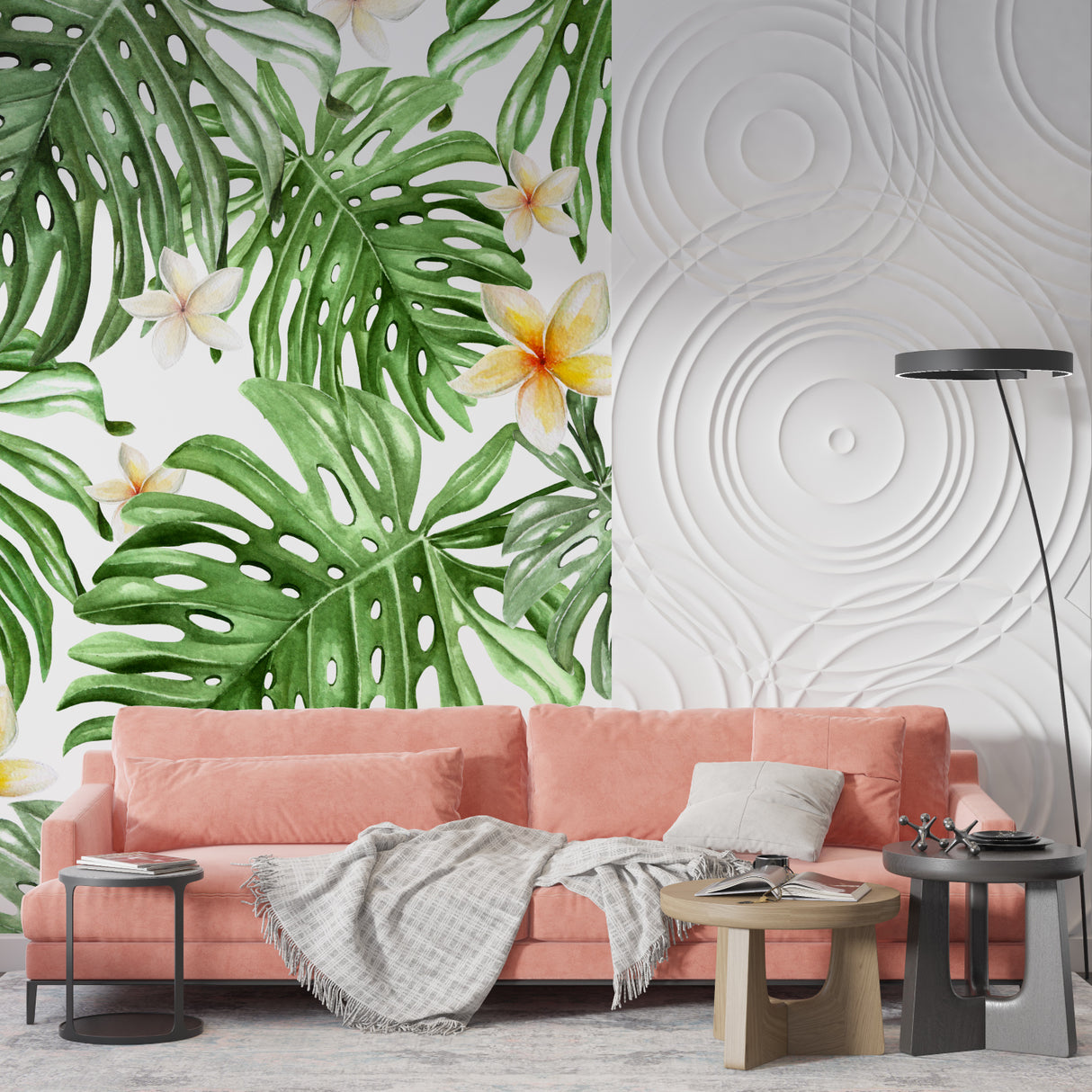 Monstera wall mural bringing tropical vibes to a bright bedroom