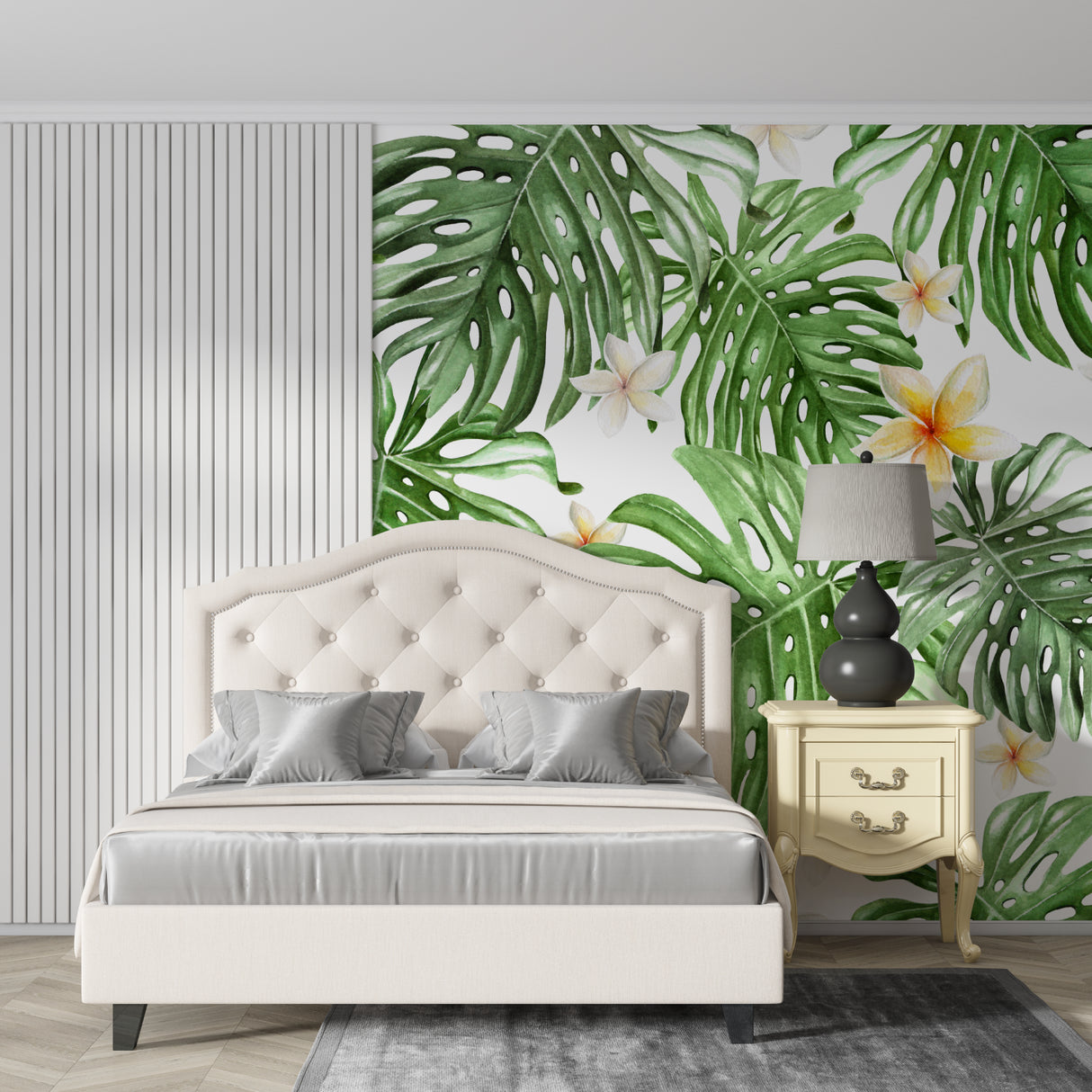 Botanical wallpaper featuring Monstera leaves in a dining room space
