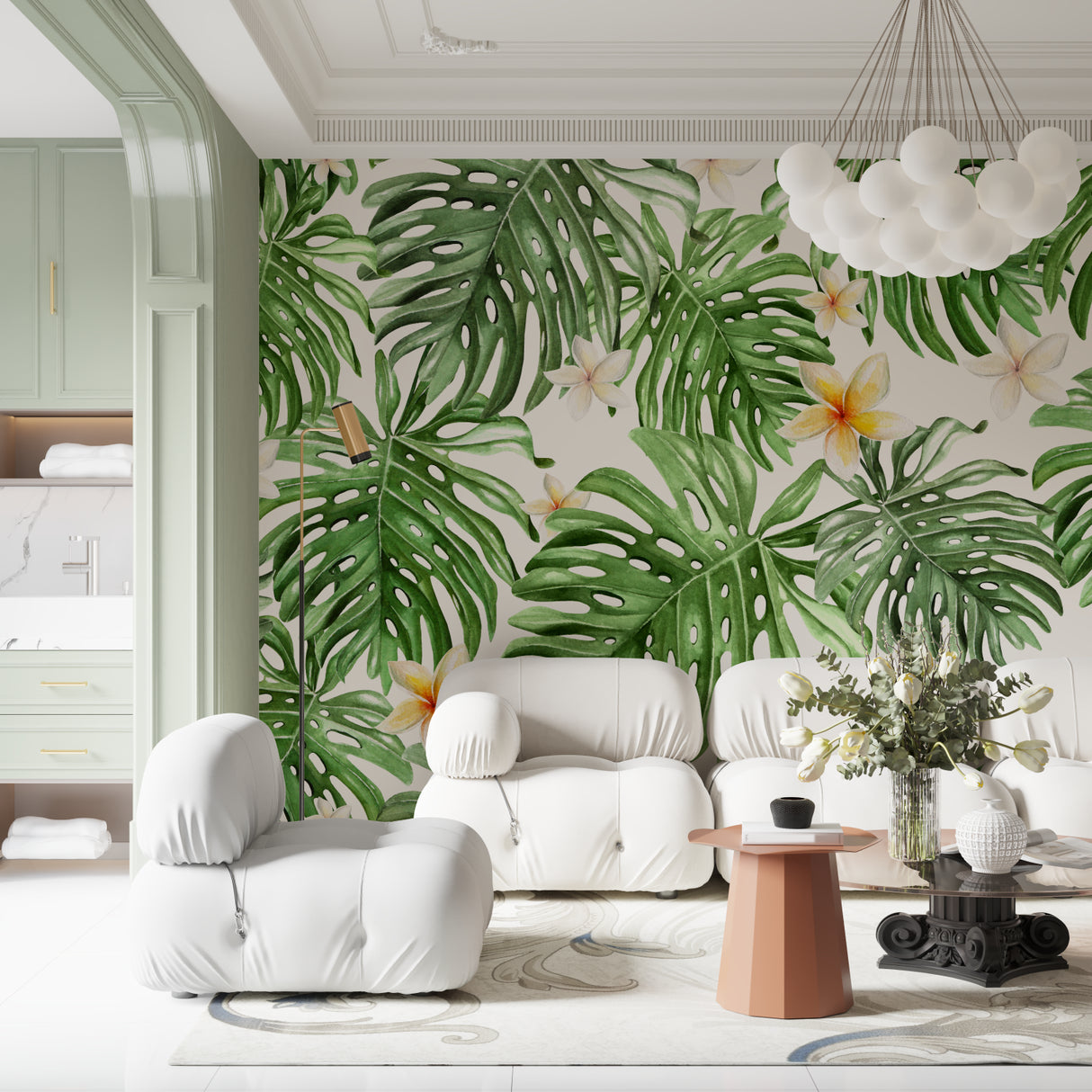 Tropical paradise wallpaper creating depth in a home office