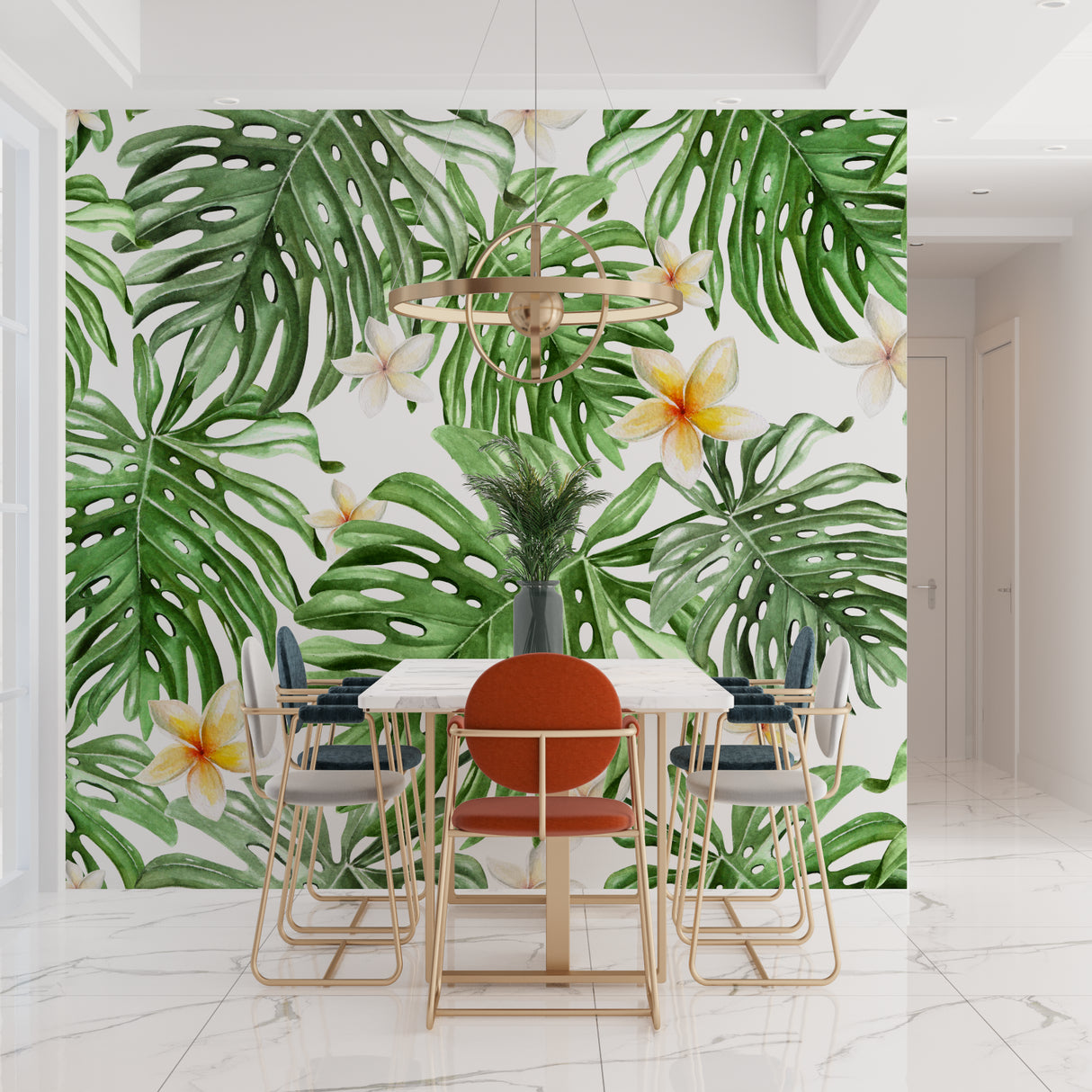 Green Monstera leaf wallpaper brightening up an entrance hall