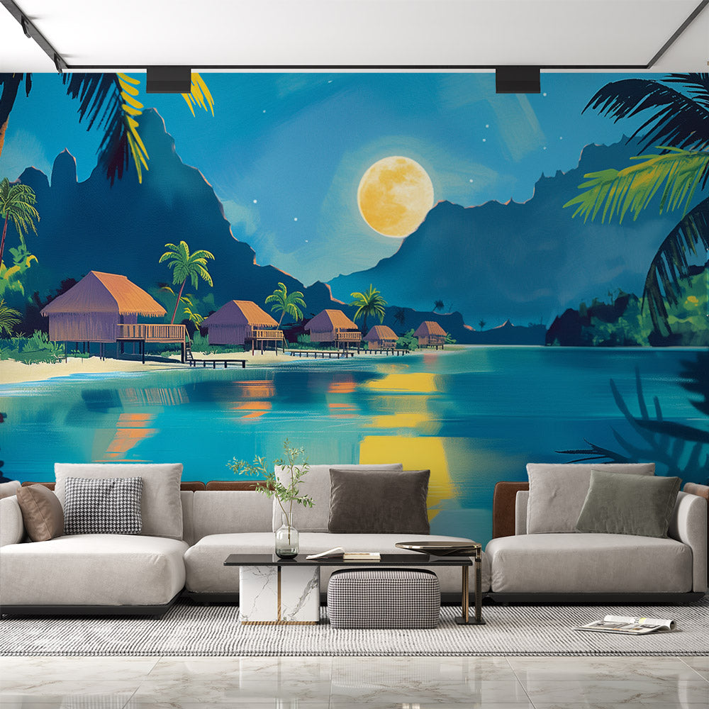 Tropical beach wallpaper creating a cozy atmosphere in a modern living room with moonlit paradise views