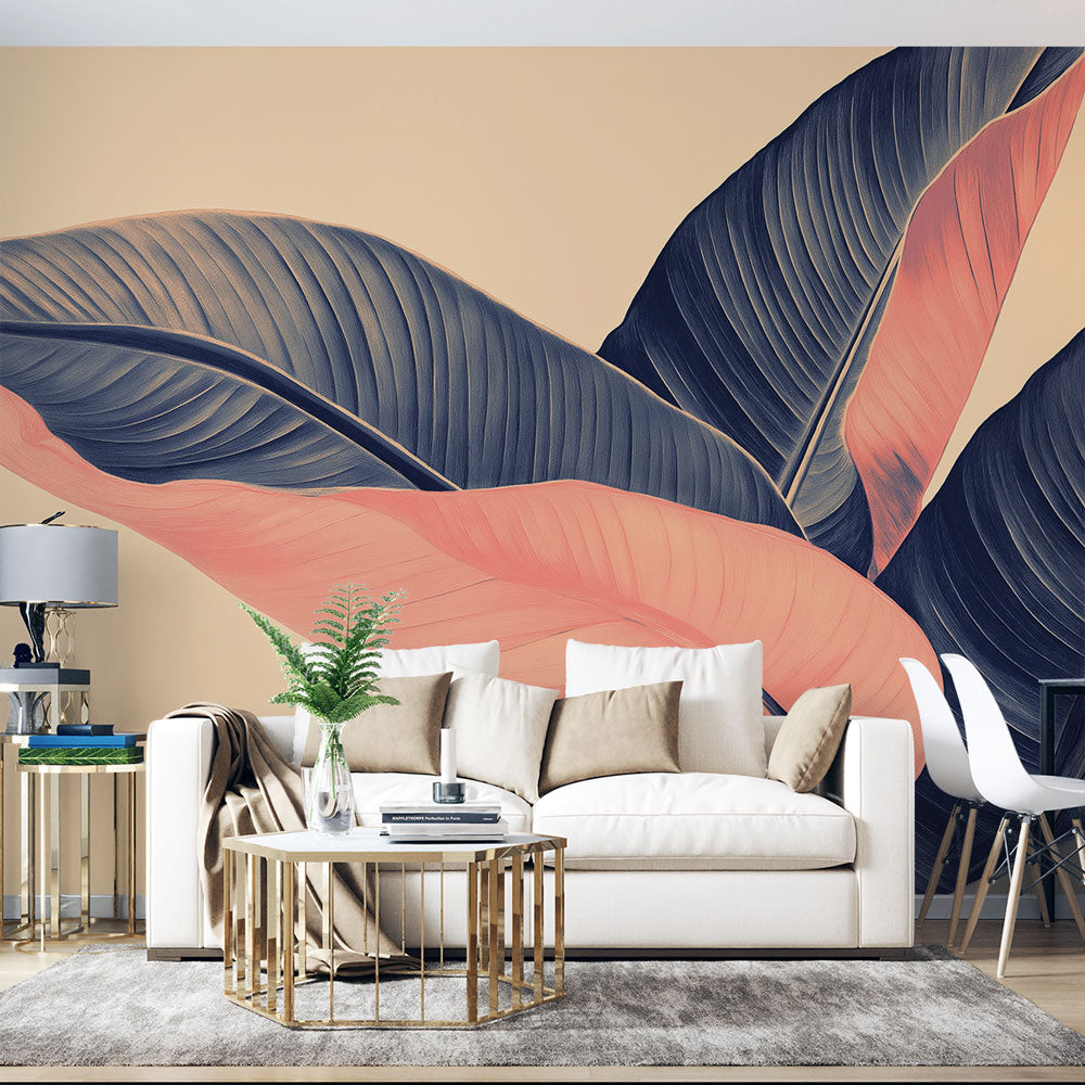 Tropical leaf wallpaper with navy and coral banana leaves creating a calm atmosphere in a modern living room