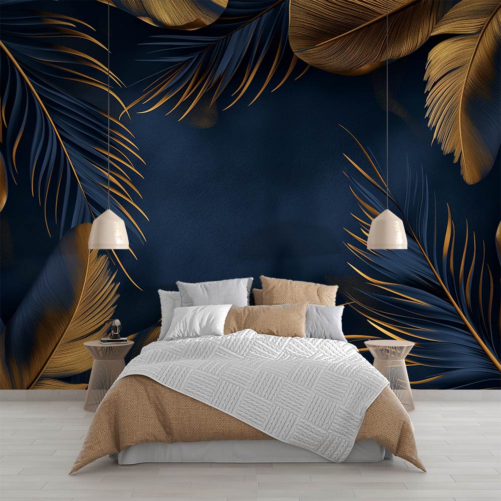 Tropical navy and gold palm leaf wallpaper creating a stunning backdrop in a modern living room with soft lighting