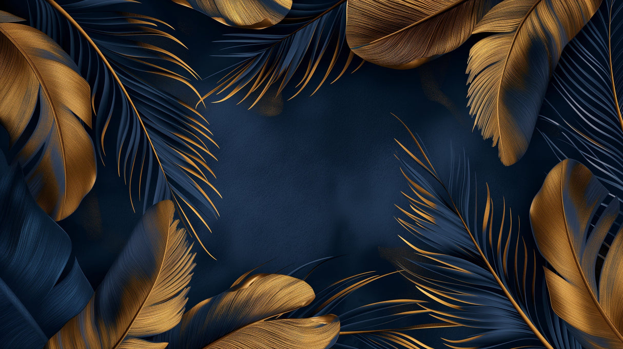 Navy blue and gold feathers wallpaper design file showing intricate pattern details and metallic accents