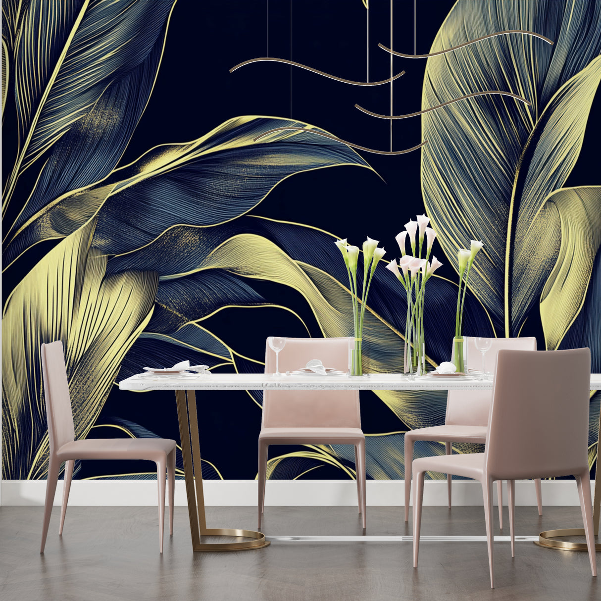 Tropical palm leaf wallpaper in navy and gold creating drama in a modern living room