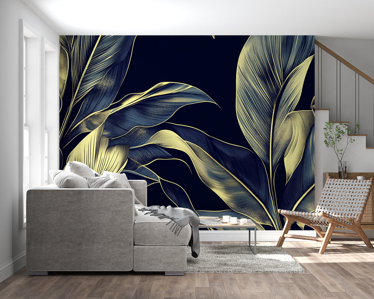 Navy and gold palm wallpaper adding luxury to a master bedroom setting