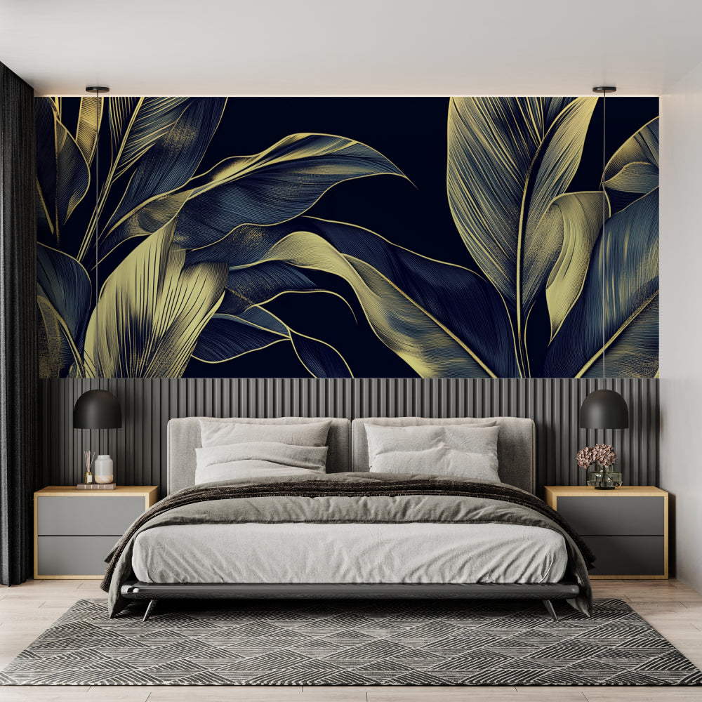 Botanical palm wall mural showcased in an elegant dining room