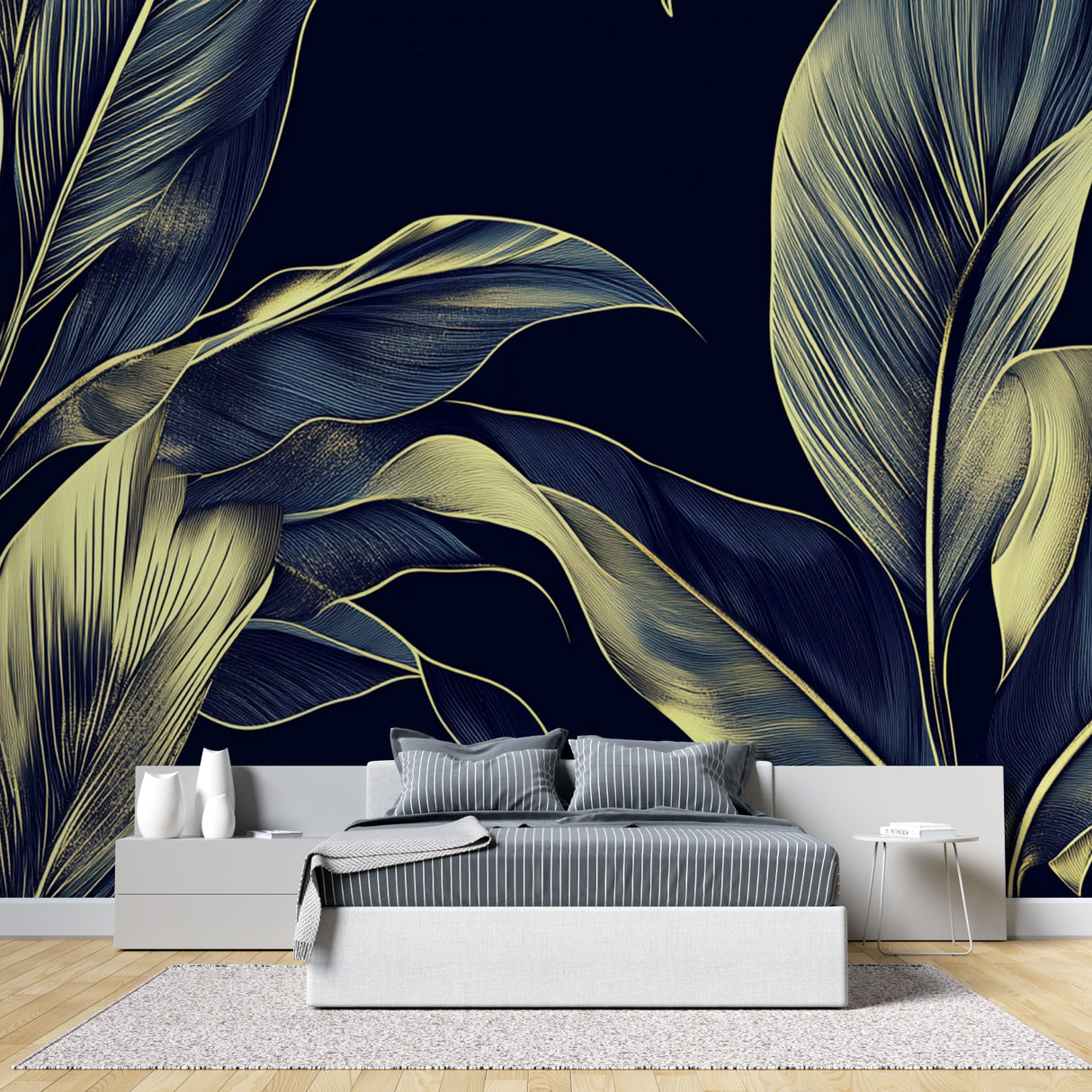 Navy blue and gold tropical wallpaper featured in a home office