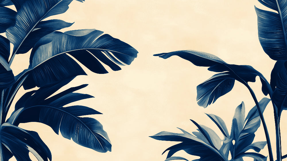 Navy blue banana leaves design file showing detailed tropical pattern on beige background