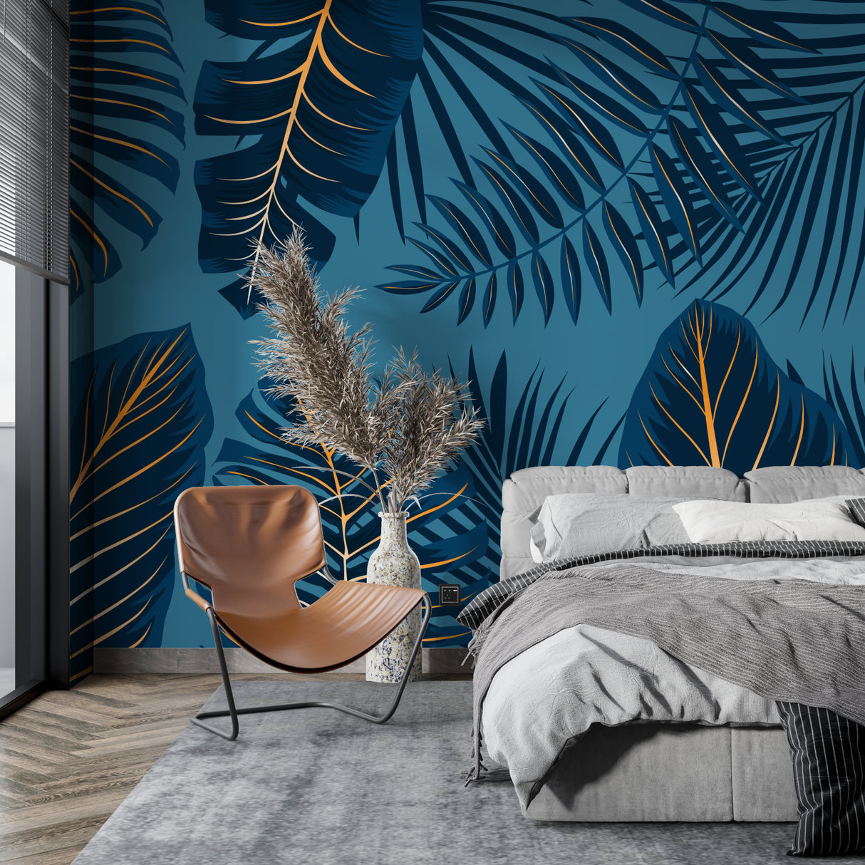 Tropical leaf wallpaper with navy and gold design in a modern living room, creating an elegant accent wall
