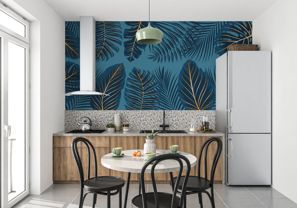 Navy blue and gold tropical wallpaper adding luxury to a master bedroom setting