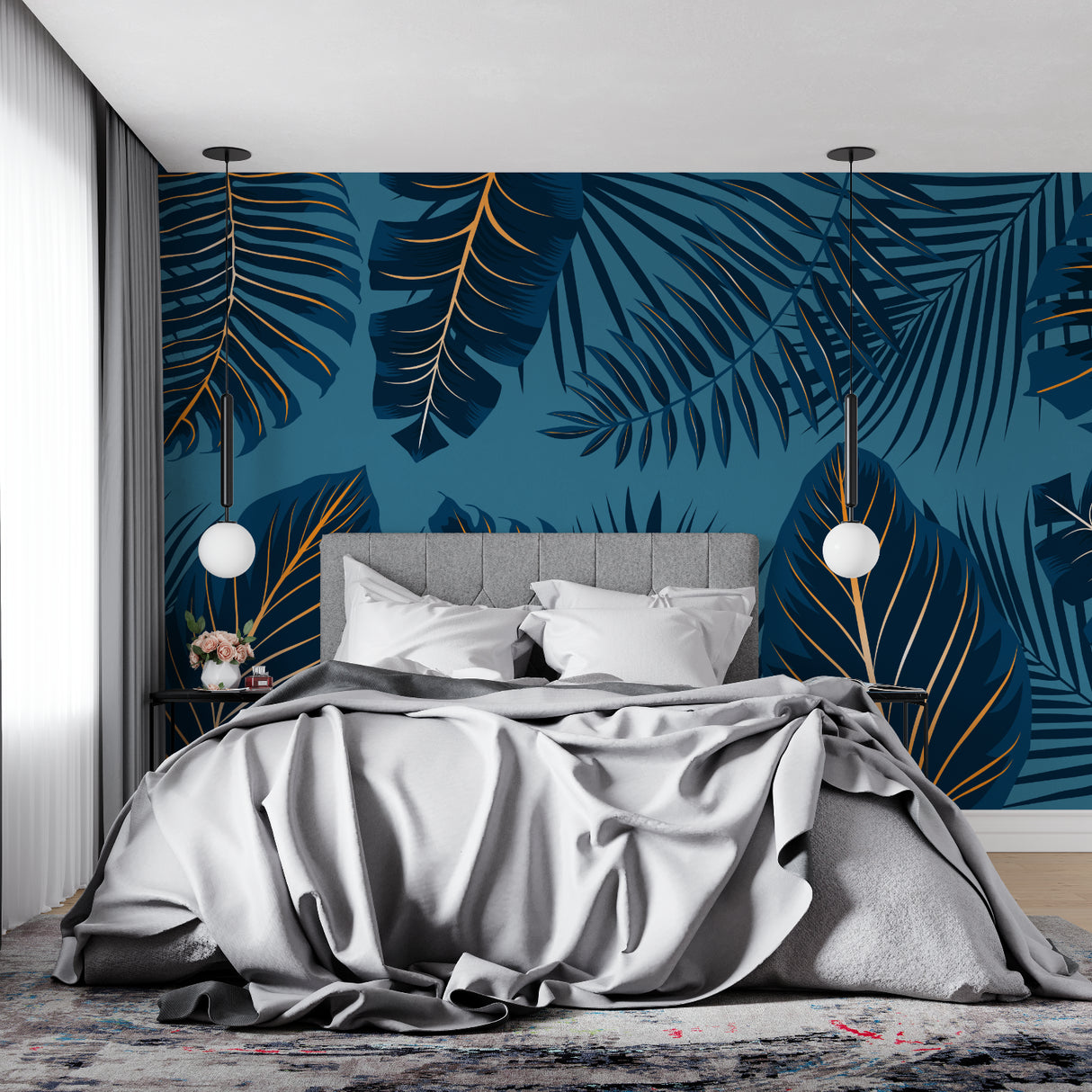 Modern entryway transformed with navy blue tropical leaf wallpaper and metallic accents