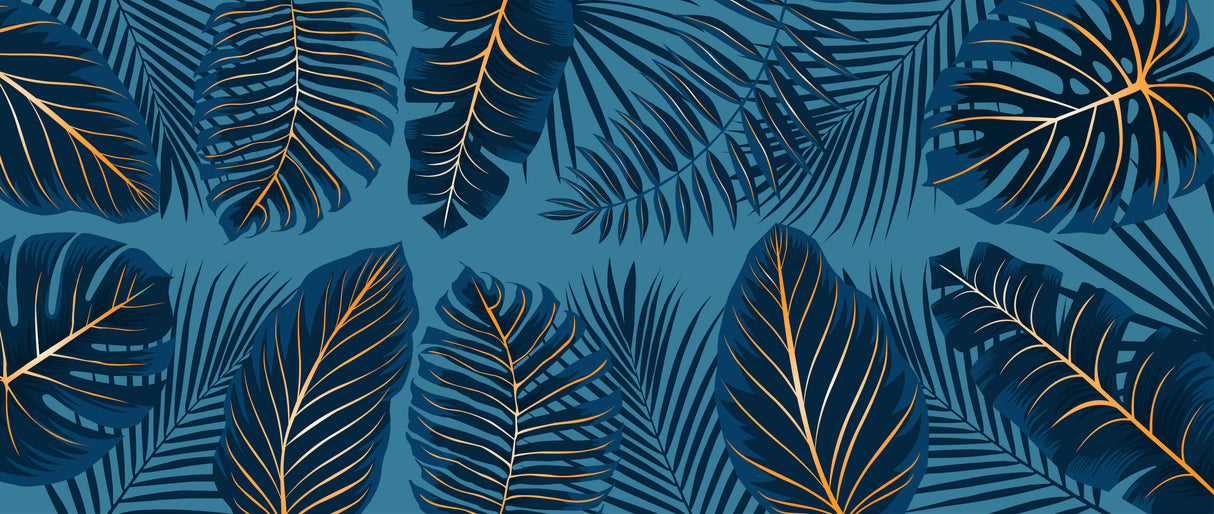Design file showing detailed tropical leaf pattern with deep navy blues and sophisticated gold veining