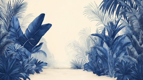 Navy blue palm leaves design file showing detailed tropical pattern on beige background