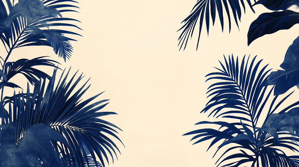 Navy blue palm leaves wallpaper creating a modern tropical atmosphere in a bright living room with contemporary furniture