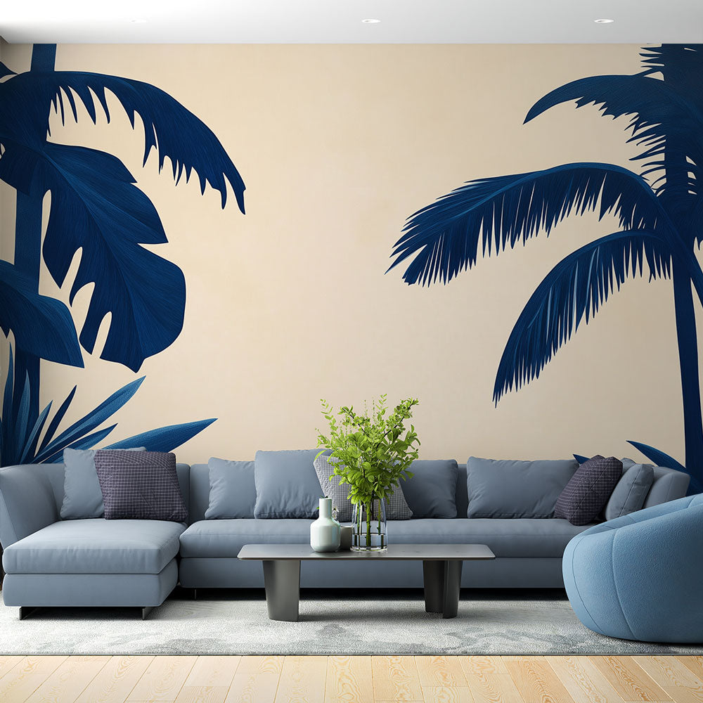 Tropical palm leaf wallpaper in modern living room, navy blue leaves on beige create depth and sophistication