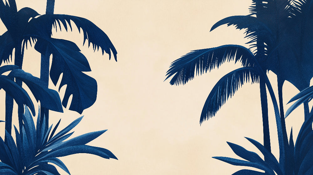 Navy palm leaves design file showing detailed botanical pattern on beige background
