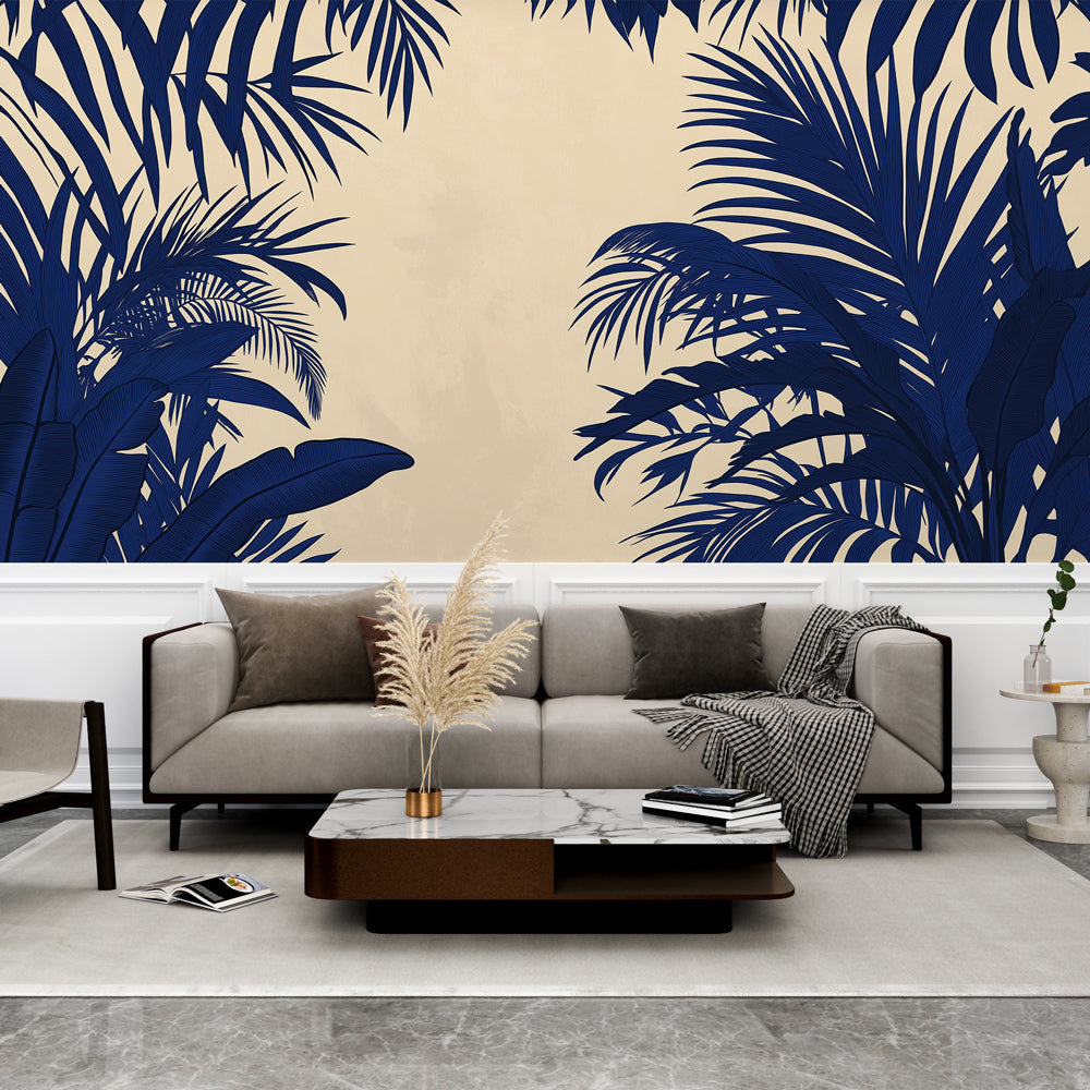 Tropical Palm Leaves Wallpaper creating a bold statement in a modern living room with navy blue silhouettes on warm beige