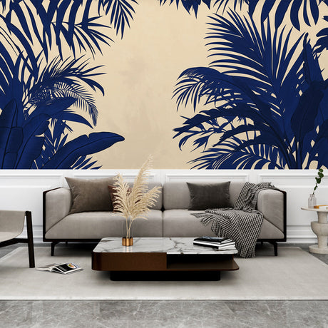 Tropical Palm Leaves Wallpaper creating a bold statement in a modern living room with navy blue silhouettes on warm beige
