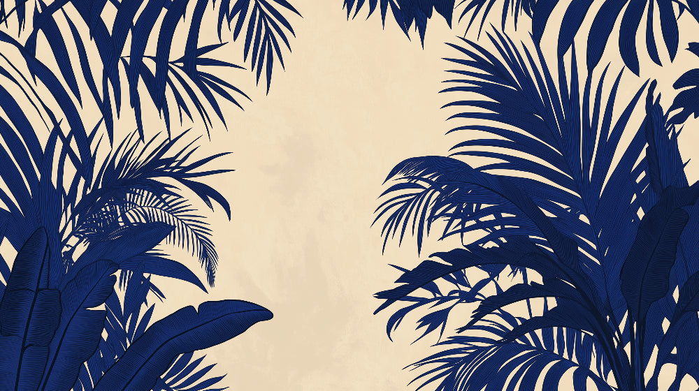 Navy Palm Leaves design file showing detailed tropical pattern and exact color matching