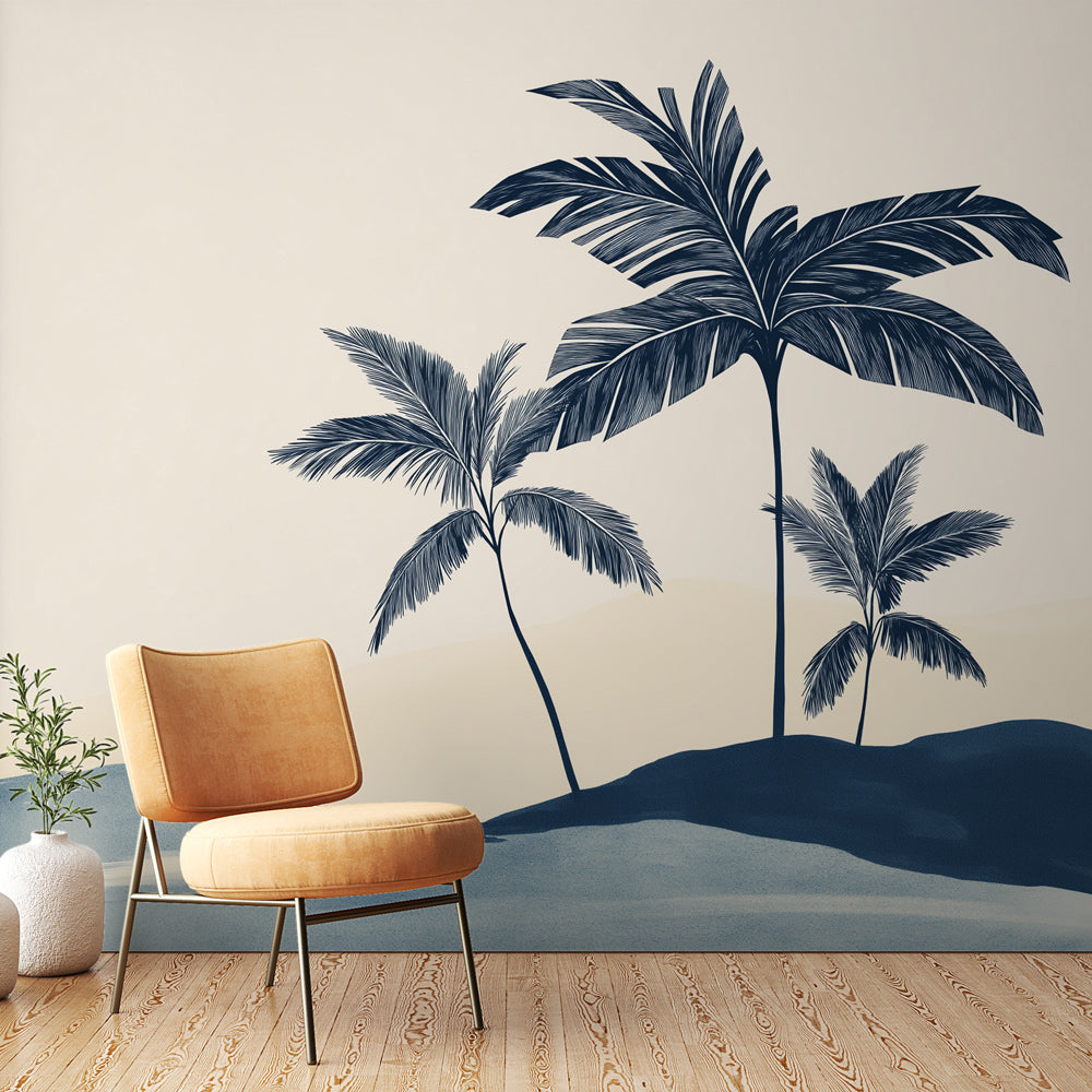 Tropical palm tree wallpaper in navy and beige creating a stunning focal point in a modern living room setting