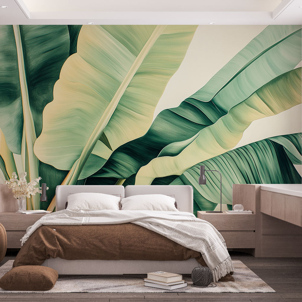 Tropical banana leaf wallpaper creating a fresh feel in a modern living room with natural light and minimal furniture