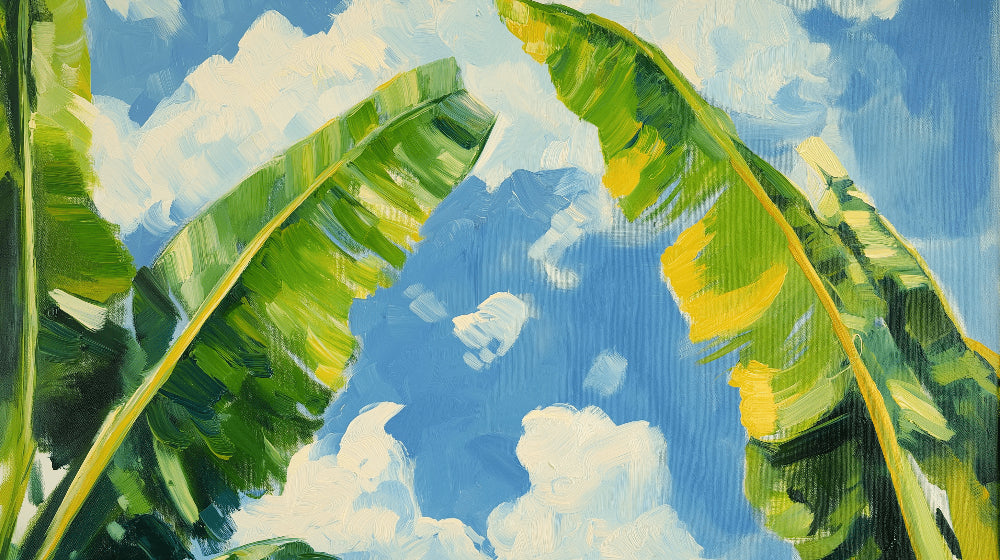 Painted banana leaves with blue sky design file showing intricate brushwork details and rich colors