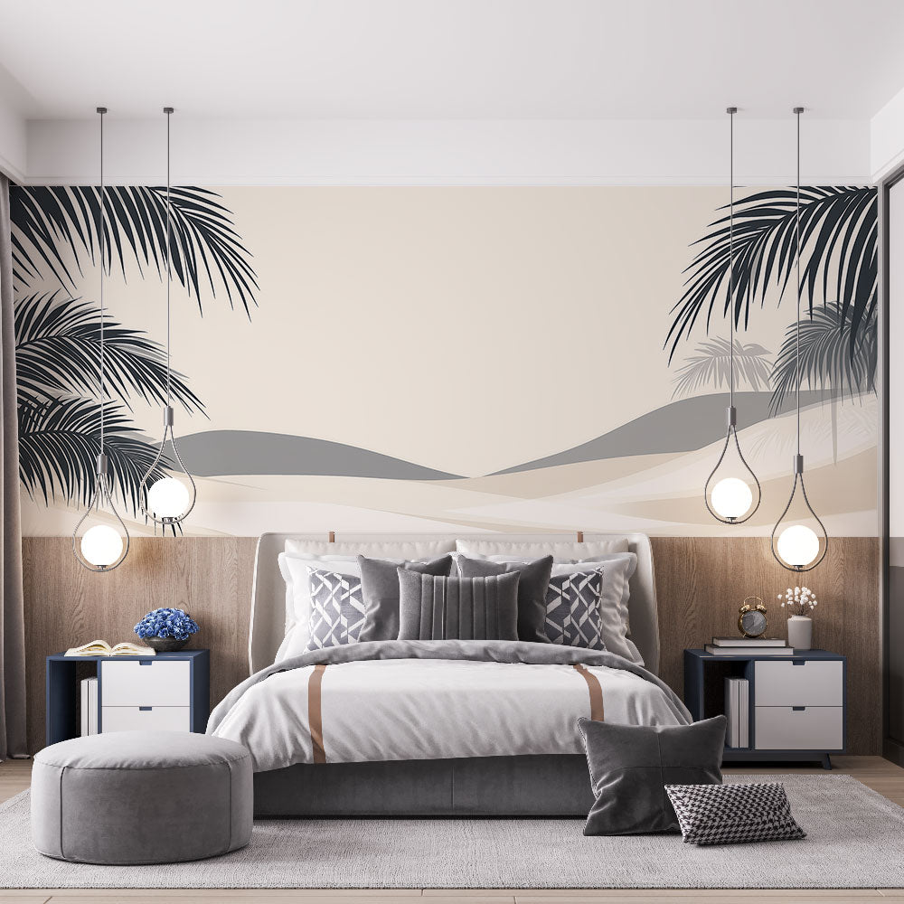 Tropical landscape wallpaper with minimalist palm trees creating a zen atmosphere in a modern living room