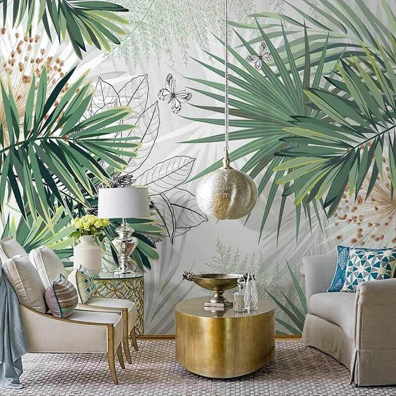 Tropical palm leaves wallpaper with butterflies creating a peaceful atmosphere in a modern living room setting