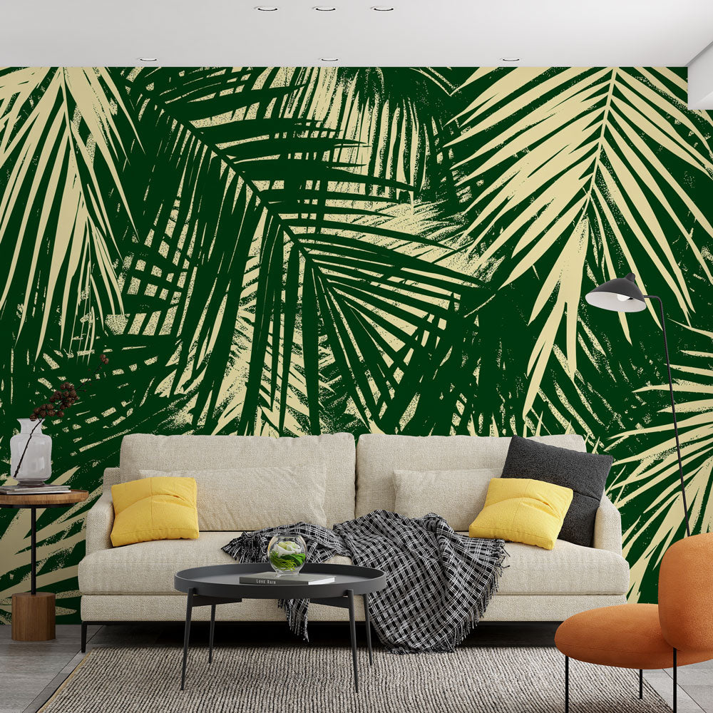 Tropical palm leaf wallpaper creating a fresh, modern look in a bright living room with natural light