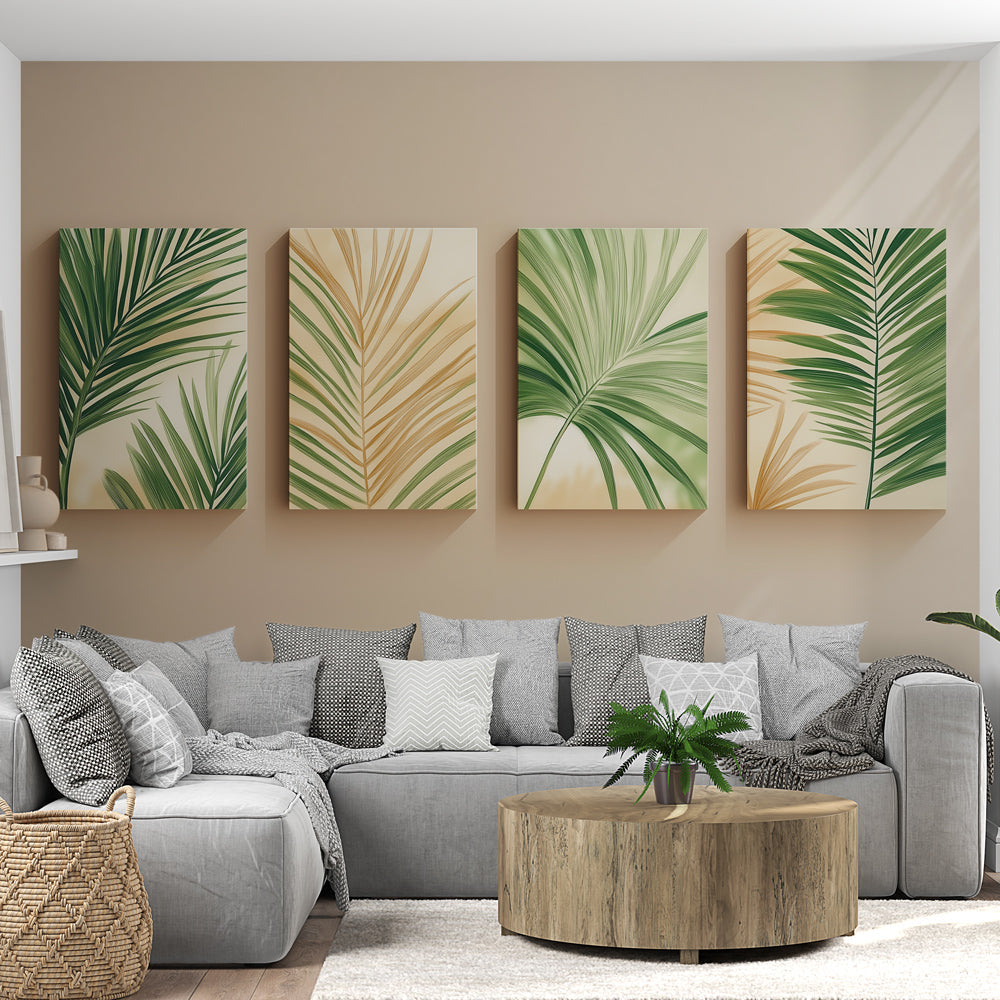 Tropical palm leaf wallpaper in modern living room, emerald green and gold fronds creating an elegant accent wall