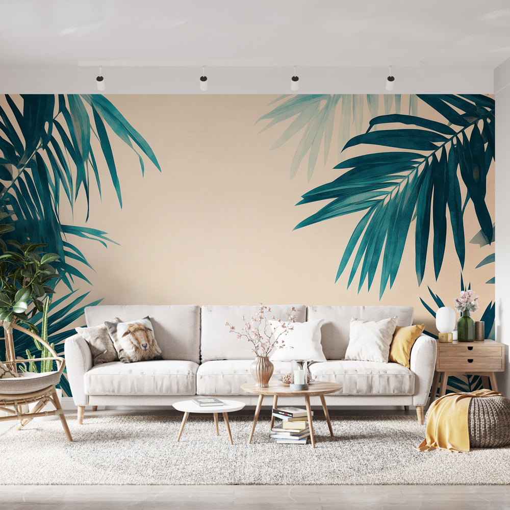 Tropical palm leaf wallpaper creating a calm atmosphere in a modern living room with natural light and minimalist furniture