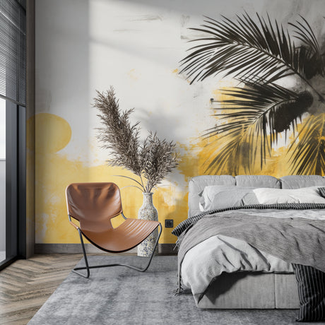 Tropical palm leaves wallpaper creating a modern statement wall in a bright living room