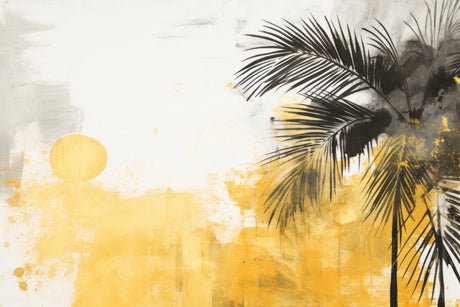 Design file showing detailed palm leaves silhouettes against warm yellow sunset background