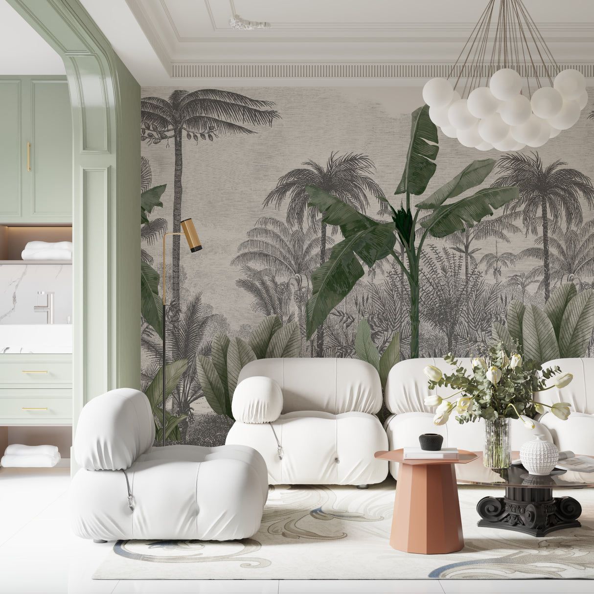 Tropical palm wallpaper in modern living room showing grey and green botanical pattern