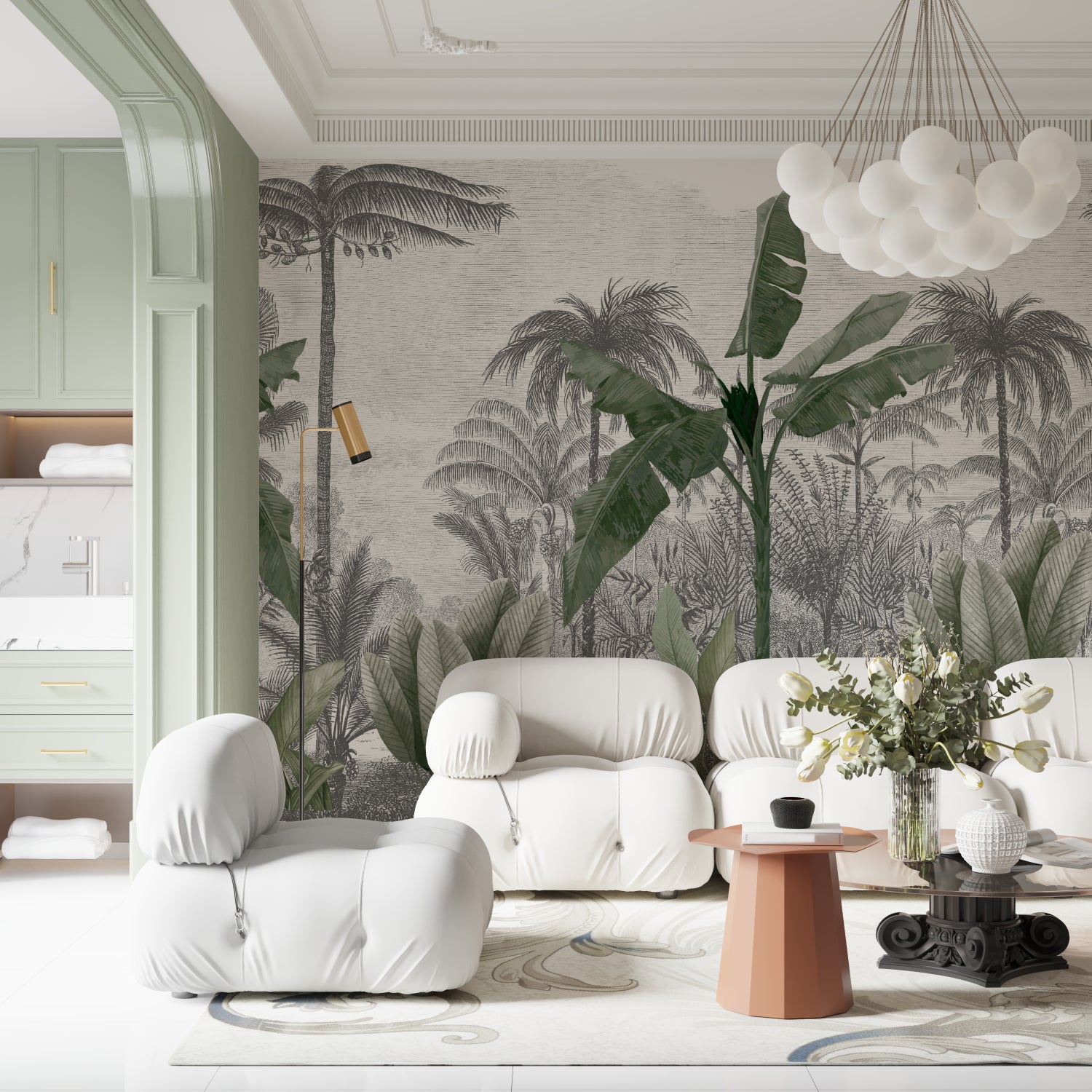 Tropical palm wallpaper in modern living room showing grey and green botanical pattern
