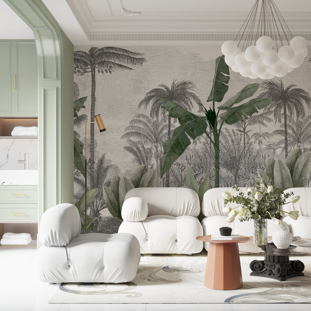 Tropical palm wallpaper in modern living room showing grey and green botanical pattern