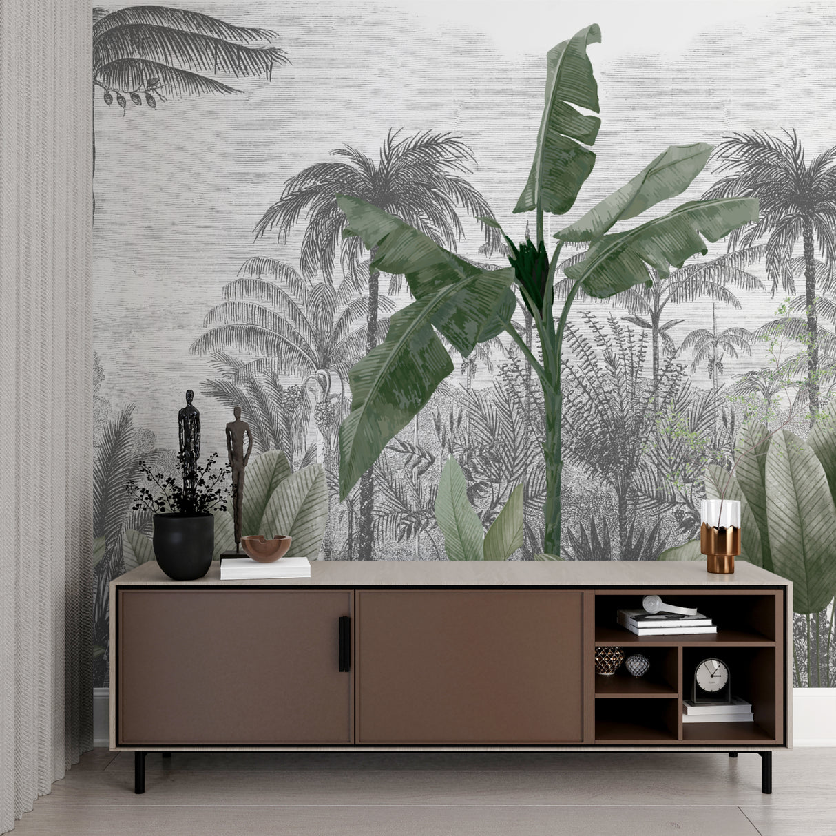 Palm leaf wall mural creating depth in cozy bedroom setting