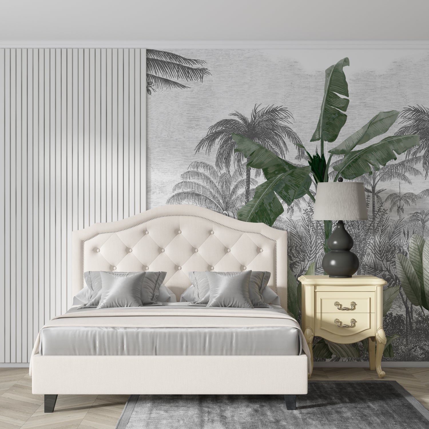 Botanical wallpaper showcased in bright dining room with natural light