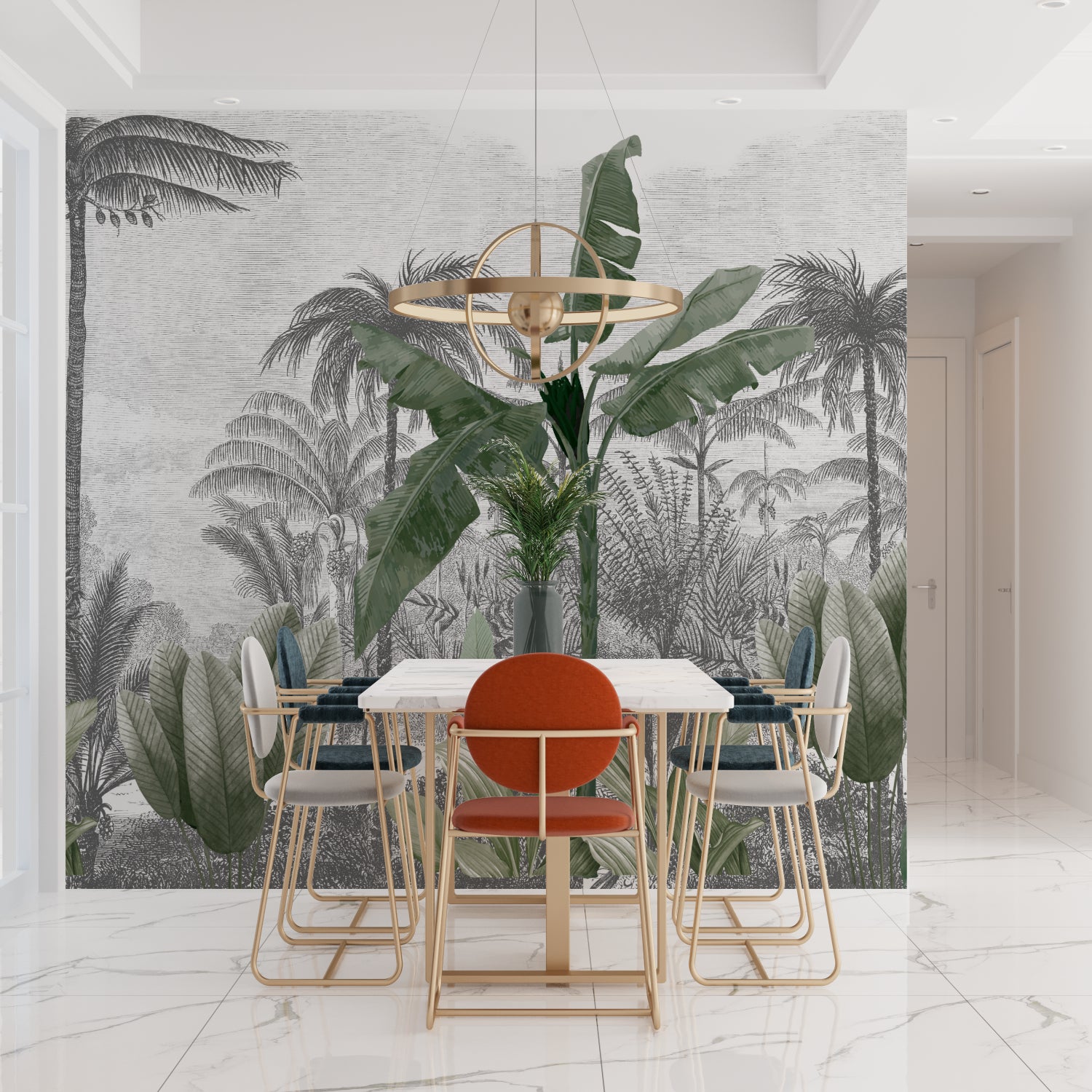 Grey palm pattern mural adding sophistication to home office space