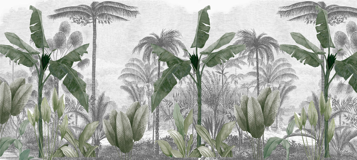 Design file showing detailed palm and banana leaf pattern on grey background