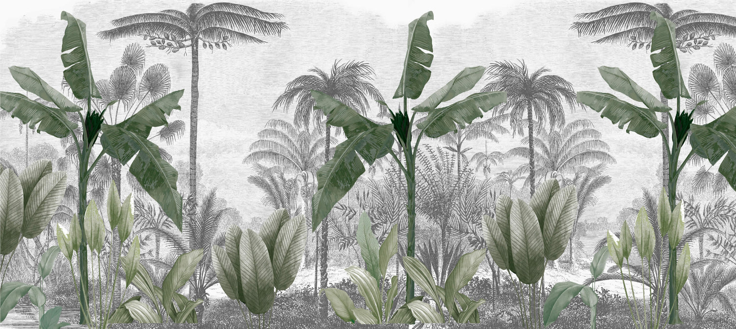 Design file showing detailed palm and banana leaf pattern on grey background