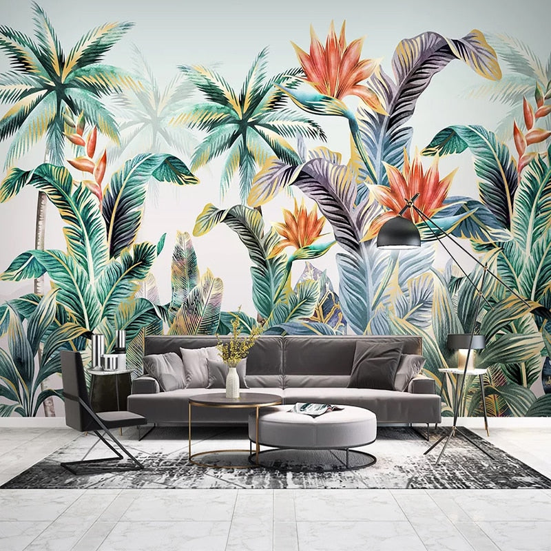 Tropical palm and Bird of Paradise wallpaper in modern living room with natural light