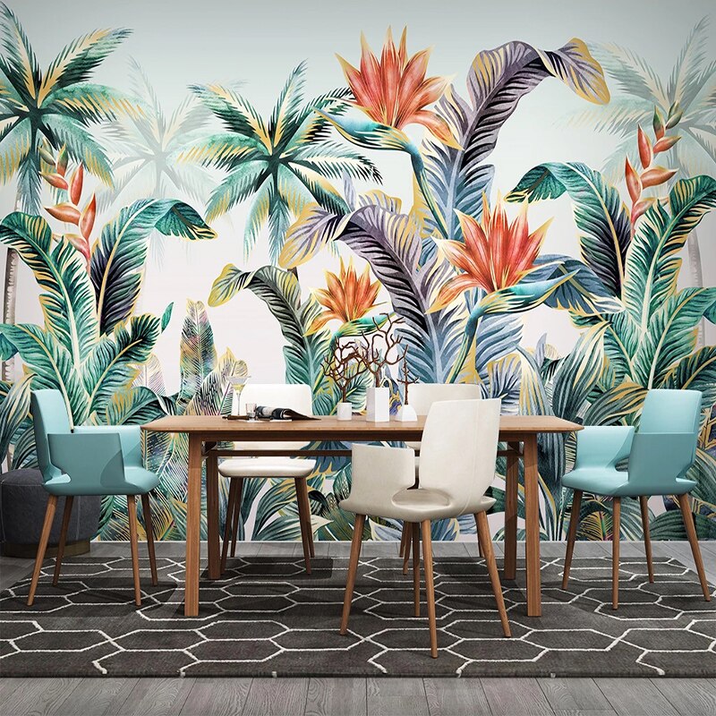 Tropical paradise wallpaper creating depth in dining room setting