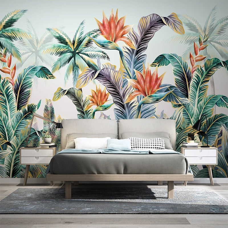 Tropical botanical wallpaper transforming bedroom wall