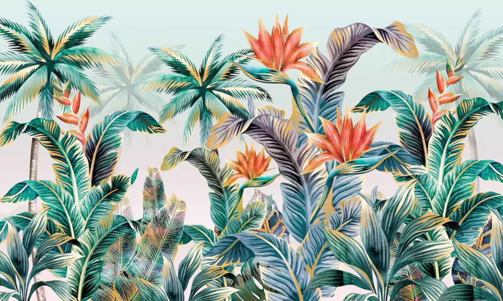 Refined design file showing detailed tropical palm trees and Bird of Paradise pattern