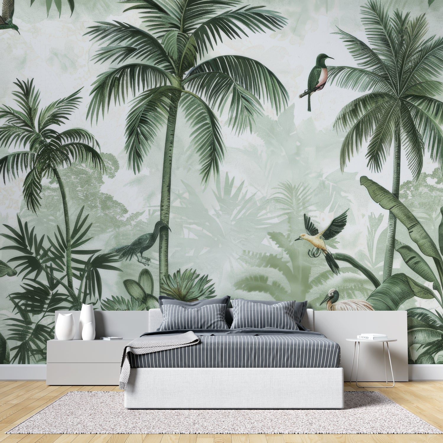 Birds and palm leaves mural adding depth to a home office space